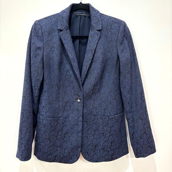 T Tahari Navy Blazer Womens 8 Tapestry Dark Floral Gothic Career Jacket 1 Button - Picture 2 of 12